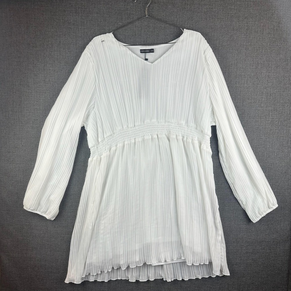 Mikarose Dress Womens 2XL‎ White Lyndzi Pleated Long Sleeve Tunic Flowing New